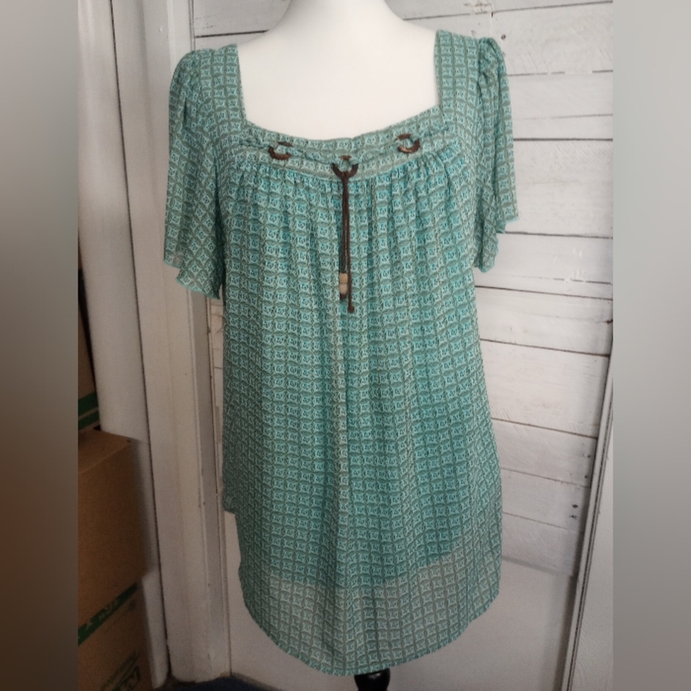 Roz & Ali Women’s Top 1X Blue Green Geometric Print Boho Peasant Blouse Lined